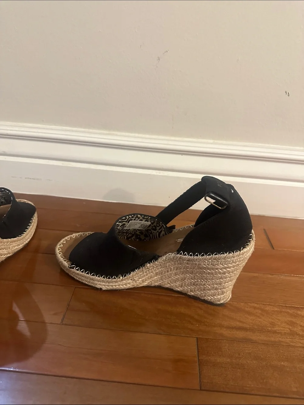 Toms Black Canvas Espadrille Wedge Sandals with Ankle Tie